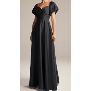 AW BRIDAL 8 M black Dey satin puff sleeve bridesmaid prom maxi dress NEW 0B18
